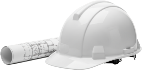 White hard hat and rolled architectural blueprint isolated on a transparent background