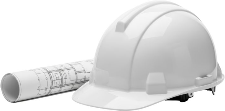 White hard hat and rolled architectural blueprint isolated on a transparent background