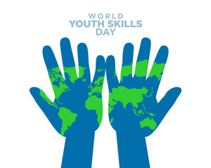 Vector concept of two open hands with a global map overlay, representing international collaboration, education, and youth potential in honor of World Youth Skills Day.