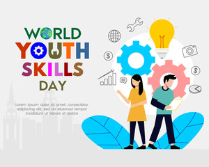 Flat vector illustration for World Youth Skills Day, featuring diverse youth characters, colorful gears, icons of skills and technology, and bold typography in a modern and educational style.