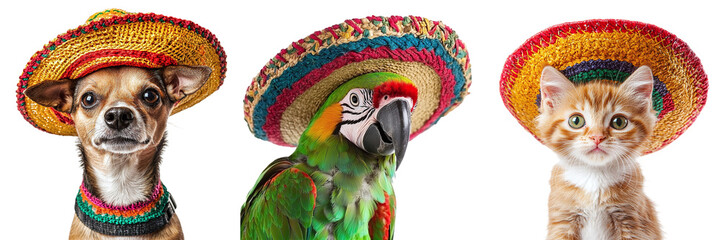 Cute cats, dogs and parrots in sombreros set isolated on transparent background PNG