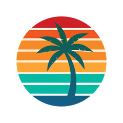 retro vintage sunset with beach surf and leaning palm