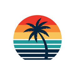 retro vintage sunset with beach shoreline and palm