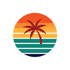 retro vintage sunset with distant sea waves and palm