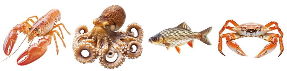 Obraz premium Sea creatures set isolated on transparent background PNG. Crayfish, lobster, fish, octopus