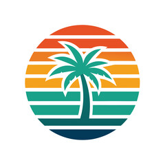 retro vintage sunset with long beach wave lines and palm