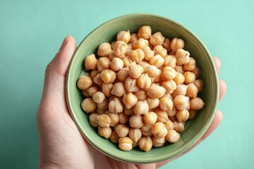 Hand holding a green bowl filled with cooked chickpeas against a light green background