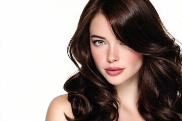 Naklejka premium Stunning brunette with long, wavy hair. Perfect for beauty, fashion, and haircare. Ideal for websites, magazines, and advertisements.
