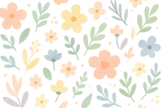 Soft watercolor blossoms and foliage forming elegant repeating pattern, transparent background ideal for spring-themed graphic design layouts