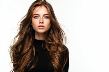 Fototapeta premium Stunning woman with long brown hair and freckles. Elegant, confident beauty portrait. Ideal for beauty, fashion, and haircare advertising.