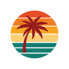 retro vintage sunset with long waves and palm tree