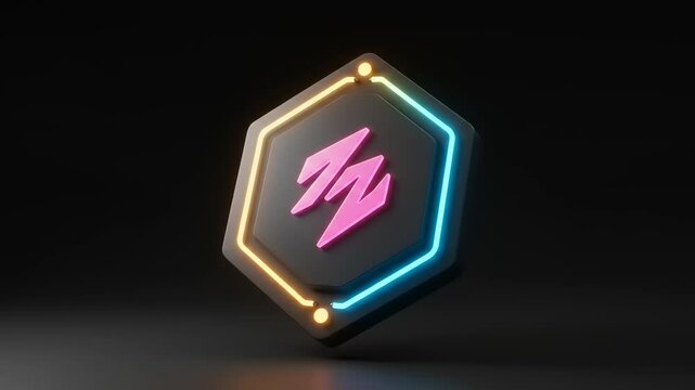 Vibrant hexagonal logo with neon accents on a dark background, showcasing modern design elements