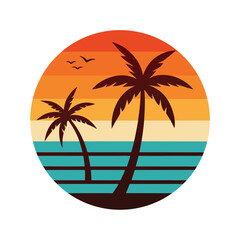 retro vintage sunset with palm trees on beach near sea