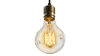 A single glowing light bulb with wire, soft yellow glow, transparent background for design use.