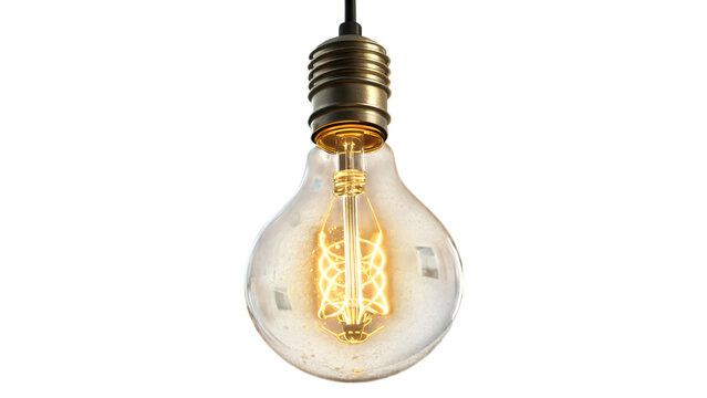 A single glowing light bulb with wire, soft yellow glow, transparent background for design use.