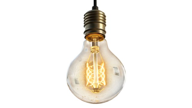 A single glowing light bulb with wire, soft yellow glow, transparent background for design use.