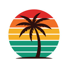 retro vintage sunset with silhouette palm tree and sea