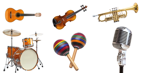 Set of musical instruments isolated on transparent background PNG. Guitar, violin, trumpet, microphone, maracas, drum