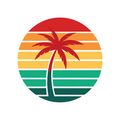 retro vintage sunset with tranquil ocean lines and palm