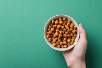 Hand holds bowl of roasted chickpeas