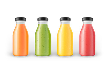Colorful illustration of organic juices or smoothies in glass bottles with black cap. Fruit, berry and vegetable cocktail. Summer vitamin drinks isolated on white. Vector packaging mockup template
