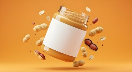 Peanut butter jar with blank label floating among peanuts on vibrant orange background. Ideal for packaging mockups, branding, advertising, or food concepts.
