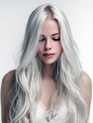 Naklejka premium Elegant woman with long, wavy silver hair. Perfect for beauty, fashion, and haircare websites or ads.
