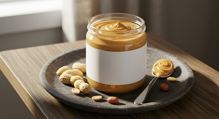 Jar of peanut butter with blank label on plate with peanuts and spoon. Cozy indoor scene, perfect for packaging mockups, branding, or food advertisements