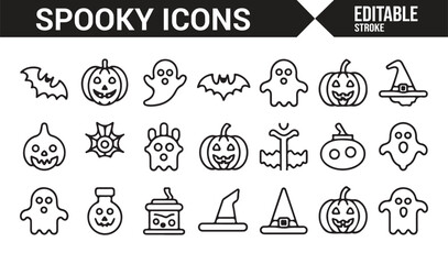 Set of Spooky Icons Featuring Pumpkins, Ghosts, Bats, and Halloween Symbols for Fall and Seasonal Designs