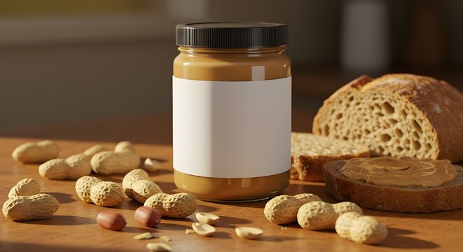 Jar of peanut butter with blank label, whole peanuts, and sliced bread on neutral background. Perfect for packaging mockups, branding, ads, or breakfast food themes