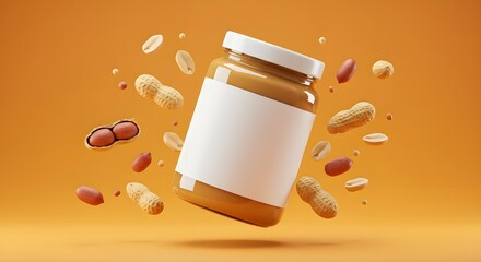 Peanut butter jar with blank label floating among peanuts on vibrant orange background. Ideal for packaging mockups, branding, advertising, or food concepts.