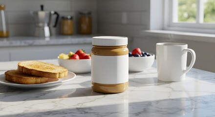 breakfast on the table, Peanut butter jar with blank label on kitchen table with toast, berries, and hot coffee. Ideal for packaging mockups, breakfast themes, food ads, or branding design