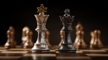 Faceoff. Chess Battle with Kings on Chessboard Against Dark Background