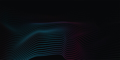 Flowing dots particles wave pattern blue green gradient light isolated on black background. Vector in concept of technology, science, music, modern.