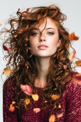 Fototapeta premium Stunning redhead model in red sweater, surrounded by autumn leaves. Perfect for fashion, beauty, and seasonal advertising.
