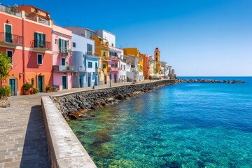 Obraz premium Colorful houses lining the coast of isola di procida, italy, during a sunny summer day