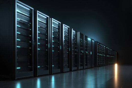 Data center hosting server racks showing network infrastructure and computing hardware equipment setup array