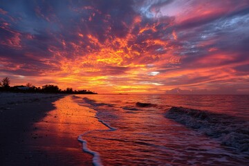 Fall In Florida. Brilliant and Dramatic Sunset on Sanibel Island Beach
