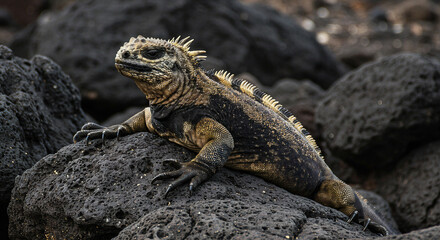 Fototapeta premium Land iguana basking on black volcanic rock under sunlight