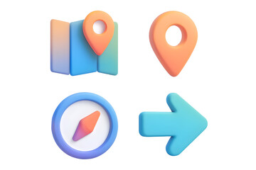 Navigation Set Map, Pin, Compass, Arrow. Isolated 3D render against black background. UI element