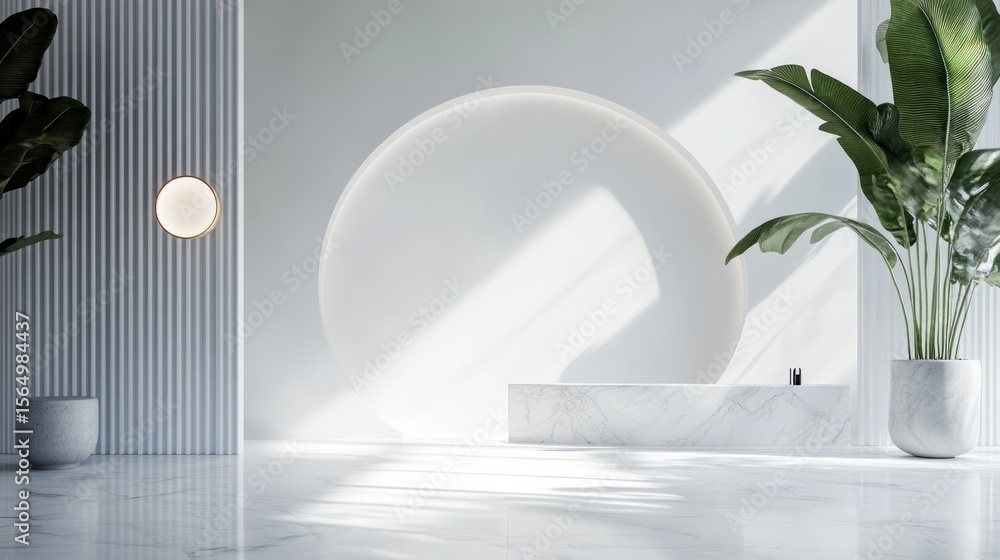 Poster modern minimalist reception area with marble counter and plants. sunlight streams through the space.