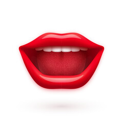 Red and glossy open mouth with teeth and tongue. Detailed smiling lips icon related to chat, speech, beauty, cosmetics, makeup, art and fashion. Modern vector illustration isolated on white background