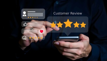 Person reviews customer service on smartphone with five star rating, showing positive feedback and online satisfaction for the app experience.