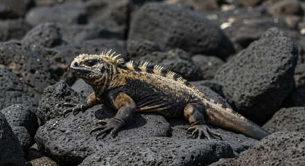 Obraz premium Land iguana basking on black volcanic rock under sunlight