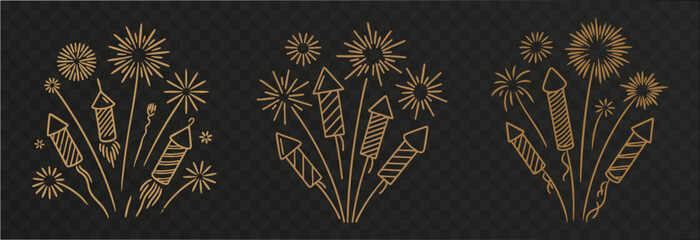 Vector golden fireworks. Golden fireworks on isolated transparent background. Fireworks png. Holiday fireworks. Festive background.