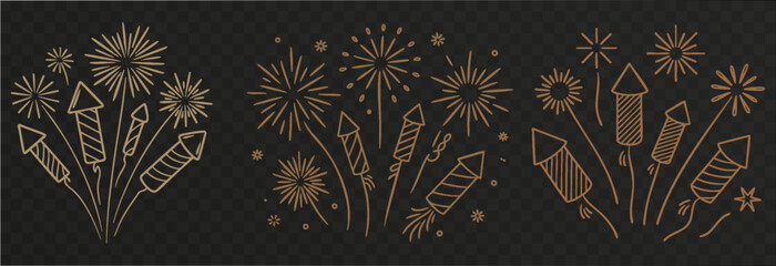 Vector golden fireworks. Golden fireworks on isolated transparent background. Fireworks png. Holiday fireworks. Festive background.