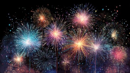 Firework Clipart. Colorful Celebration of Bright Holiday with Blue and Red Lights