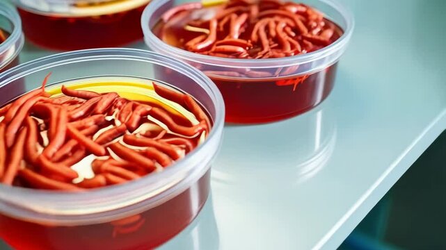 Many containers filled with bait worms or larvae in a reddish colored liquid on a clean white surface.
