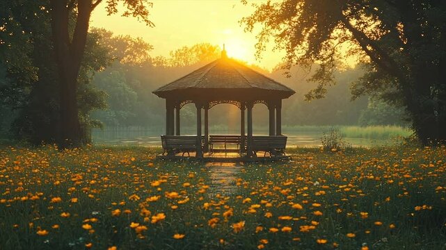 Serene sunrise illuminates gazebo amidst wildflowers