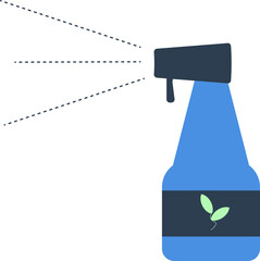 Minimalist illustration of a blue spray bottle with a plant symbol, emitting a fine mist. Represents eco-friendly gardening, plant care, or natural household products